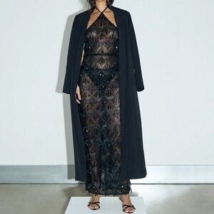 Elegant Black Lace Gown with Sheer Overlay